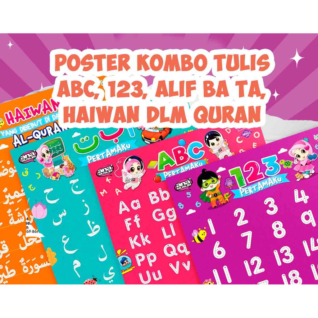 KOMBO 4 POSTER TULIS ANA MUSLIM- ABC, 123, ALIF BA TA, HAIWAN DLM QURAN DWIBAHASA:KANAK-KANAK EARLY LEARNING KIDS BOOKS