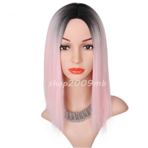 Ombre Pink Wig Straight Synthetic Wigs Short Black Hair Women High