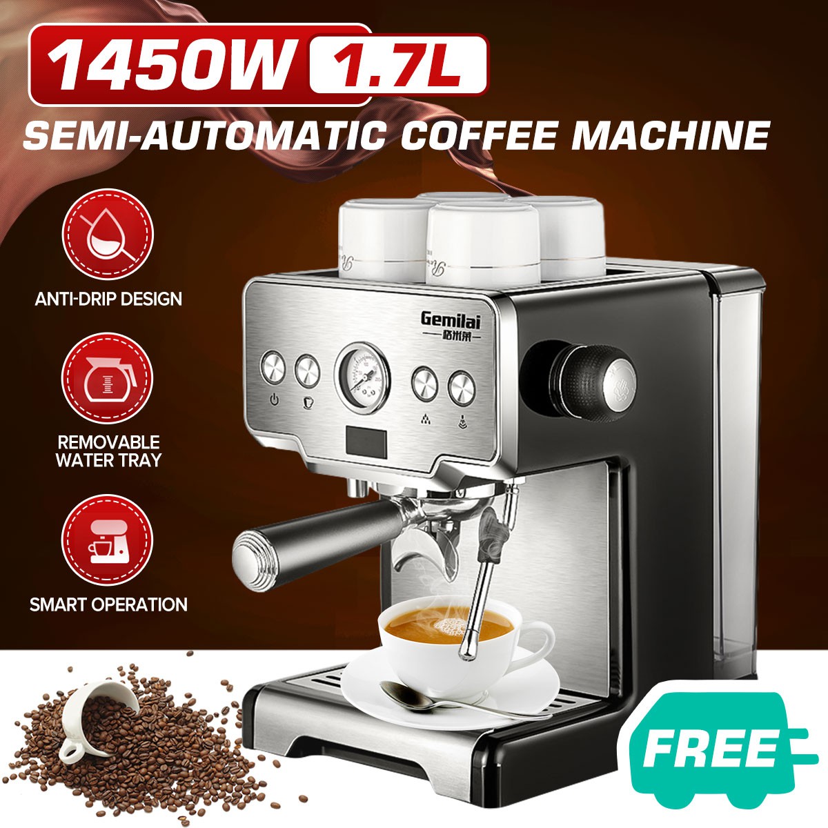 Gemilai CRM3605 Coffee Maker Machine Coffee Machine 15 Bars Semi