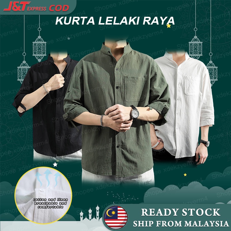 Korean KURTA Cotton Men Shirt  Plus Size Short Sleeve Hemp Seven Point Loose Label Collar Fashion KEMEJA Baju Summer
