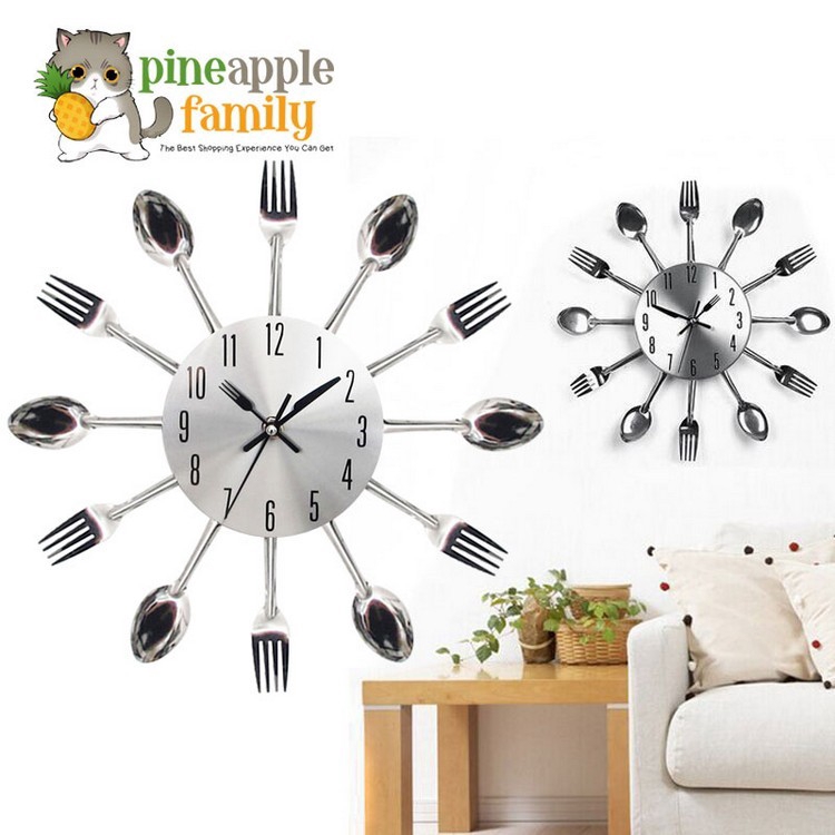 Modern Design Sliver Cutlery Kitchen Utensil Wall Clock Spoon Fork