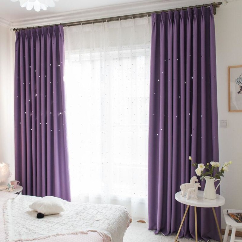 Purple Curtain Hollow Stars Window Bedroom Sheer Voile Customize Blinds Drape Home Decoration