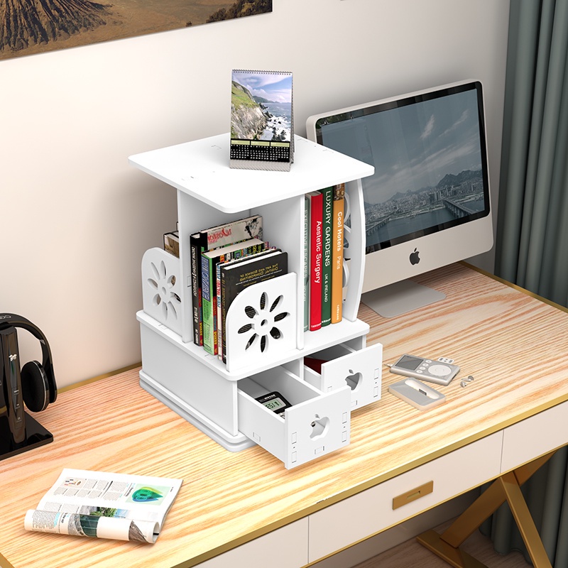 Tabletop rotating organizer desktop revolving bookshelf with drawer