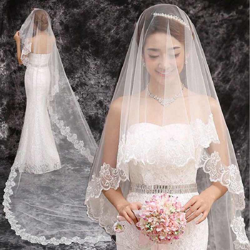 3 Meters Long Lace Edge Cathedral Wedding Gown Bridal White Tulle Veil