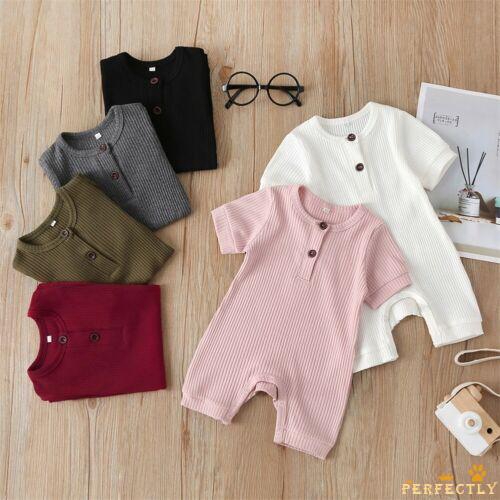 PFT-Newborn Baby Girls Boys Romper Bodysuits Short Sleeve Plain Jumpsuits Knit Cotton Outfits 0-18M