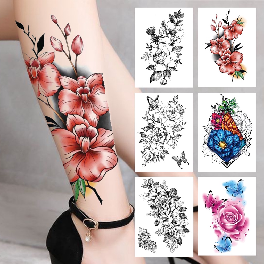 3D Watercolour Flower Temporary Tattoo For Women Girls Fake Peony Rose  Tattoo Sticker Butterfly Lace Sweatpea Flora Tatoos Leg | Shopee Malaysia