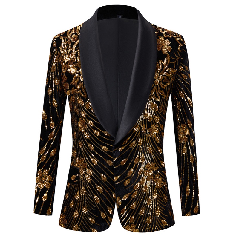 Mens Luxury Gold Velvet Sequins Floral Pattern Suit Jacket Blazer Shawl Collar Stylish Blazers Men Wedding Party Stage Costumes