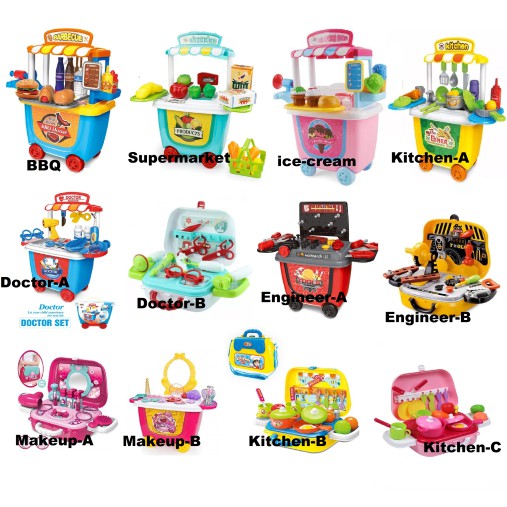 Pretend Kids Toy Suitcase Trolley Playset Education Kitchen Hardware Toy Mainan Masak budak Lelaki