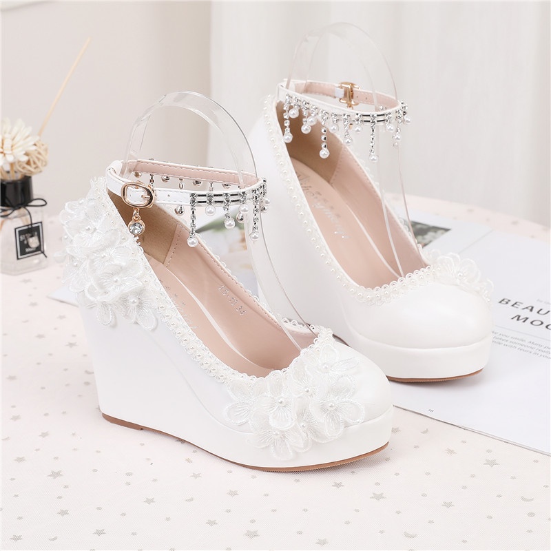 Xjbxx · Solid Color Low-Top Round Toe Wedge Heel White Shallow Mouth Wedding Bridesmaid Shoes