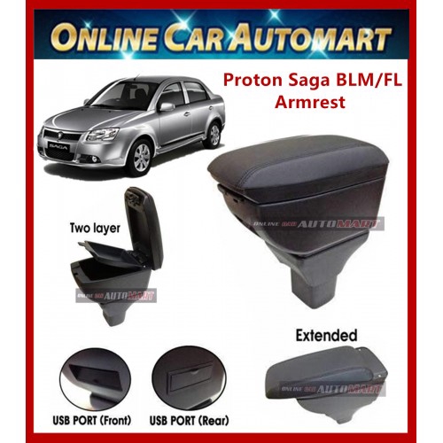 PROTON Saga BLM/FLX PVC Armrest Console Box Black Leather with USB Charger
