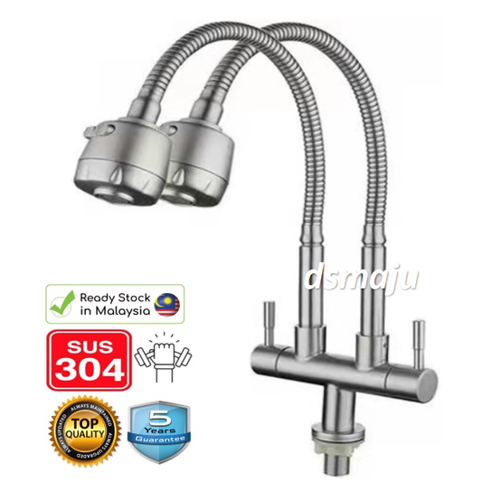 Double Head SUS 304 Stainless Steel Pillar Sink Tap Dual Head Flexible