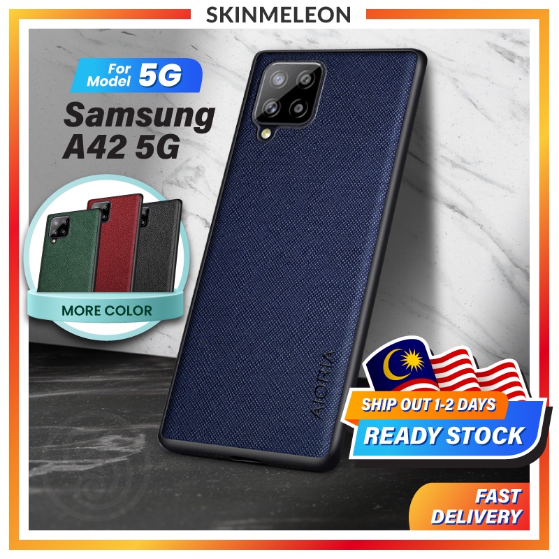 SKINMELEON Casing Samsung A42 5G Case Cross Pattern PU Leather TPU Protective Cover Phone Case