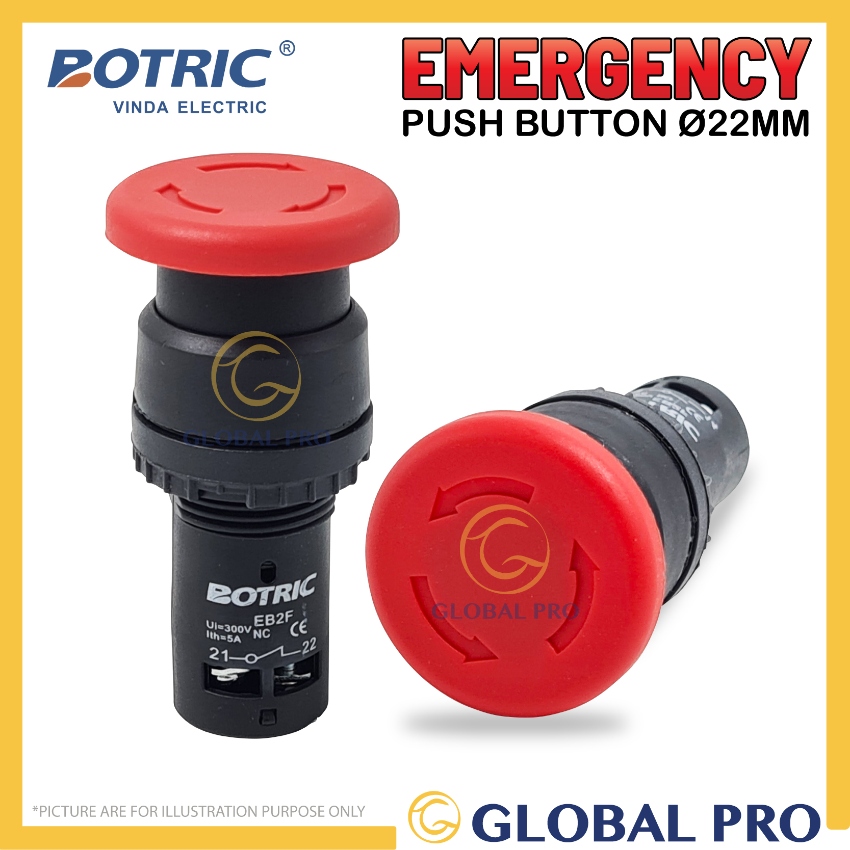 BOTRIC Emergency Push Button with Reset/Lock E-Stop Diameter 22mm NO NC EB27