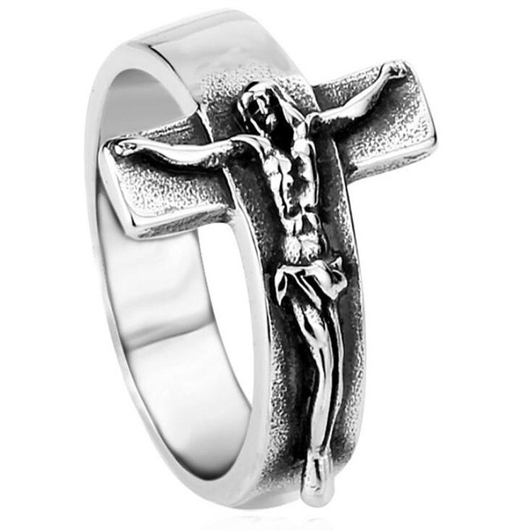 Vintage Ring Jesus of Christ Cross Ruby Titanium Steel Stainless Steel Ring