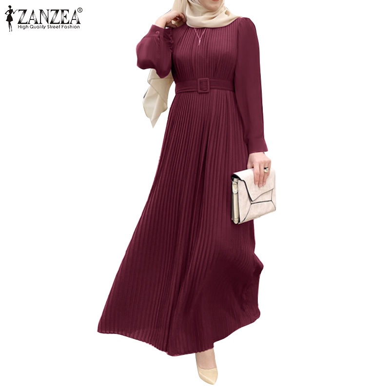 ZANZEA Women Fashion Casual Solid Color Long Sleeve O Neck Retro Muslim Maxi Dress With Belt #1
