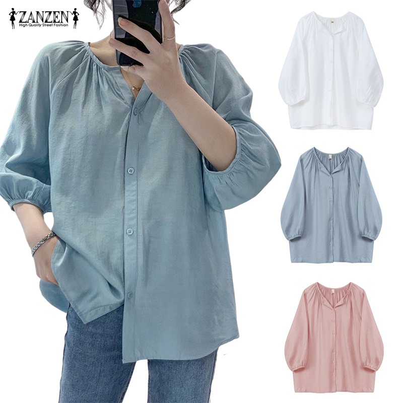 ZANZEN korean blouse women ladies loose blouse plus size long sleeve ...