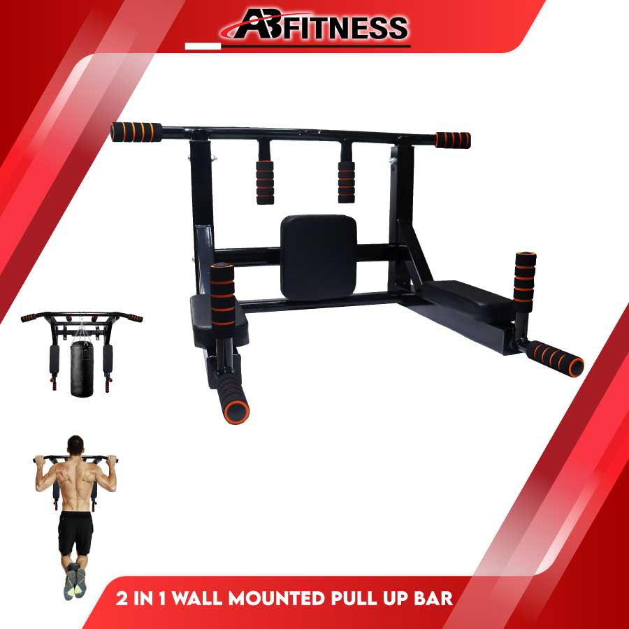 2 in 1 Wall Mounted Pull Up Bar Gym Dip Station Home