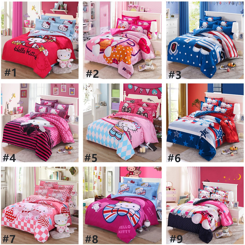 4pcs Set Cute Cartoon Queen Size Bedsheet Set Hello Kitty Quilt