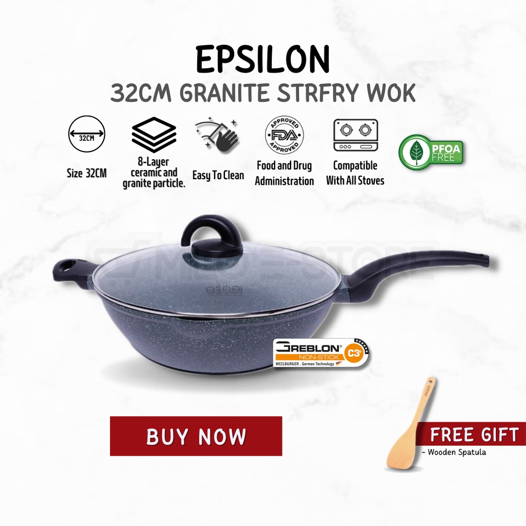 iGOZO EPSILON 32CM Non Stick Premium Granite IH Stirfry Wok Deep Fry Pan Cookware With Glass Lid
