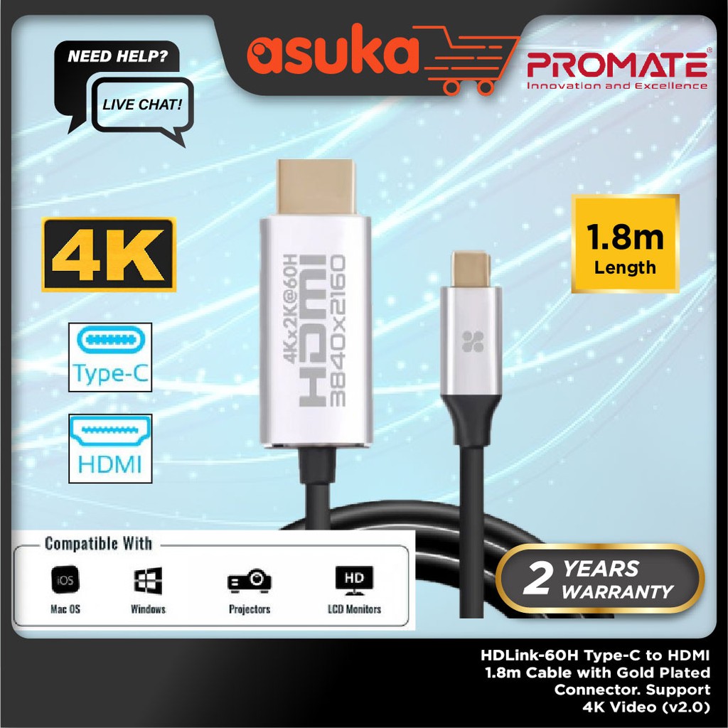 Promate HDLink-60H Type-C to HDMI, 1.8m Cable with Gold Plated Connector. Support 4K Video (v2.0)