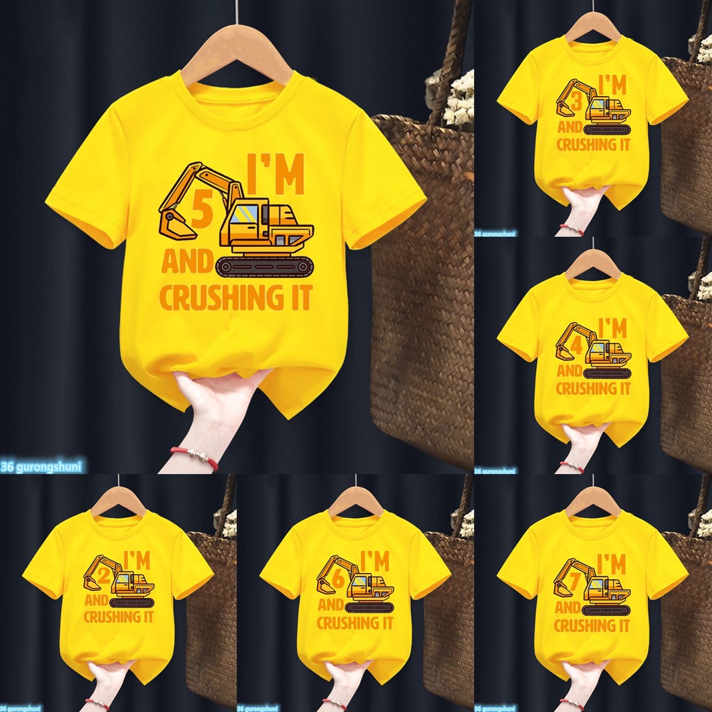 Funny Boys T Shirt Excavator T-Shirt Graphic Print 2 3 4 5 6 7th Birthday Gift Name Costume Name Yellow T-Shirt Tops