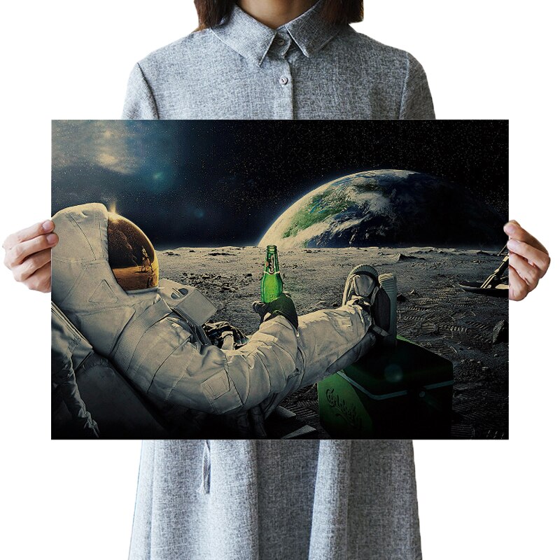 DLKKLB Classic Outer Space Earth Astronauts Beer Drink Relaxing Moon Landing Fantasy Kraft Paper Poster Home Decor