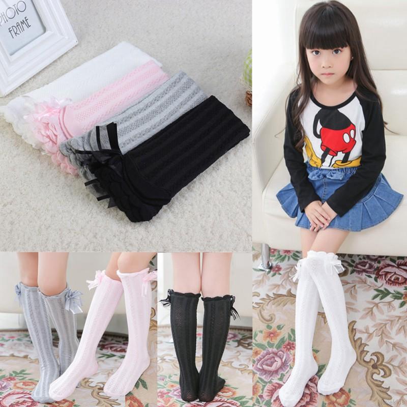 Baby Girls Knee High Long Stocking Soft Cute Cotton Thin Bow Lace Tights Socks