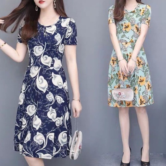 Newest Women Dresses Fashion Flower Print Dress Korean O-Neck Short Sleeve Dresses Lady Elegant Slim Dress Large Size