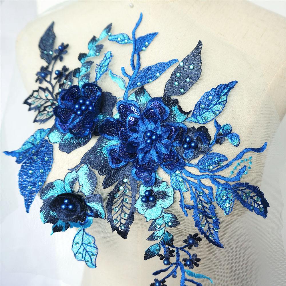 Large Royal Blue Embroidery 3D Flower Pearl Rhinestone Applique Lace ...