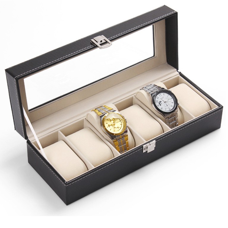 6 Slot Grid PU Leather Watch Display Box Jewellery Storage Organizer Case