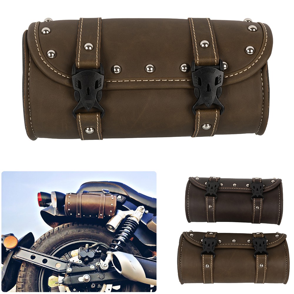 logas Small Motorcycle Handlebar Bag Tool Roll Barrel Storage PU Leather Black Saddlebag 