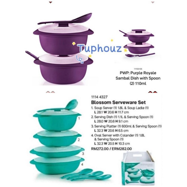 【READY STOCK】(2pcs OR 2pcs+PWP2pcs) 1.6L Tupperware Purple Royale Blossom Serveware Round Server with Serving Set Spoon