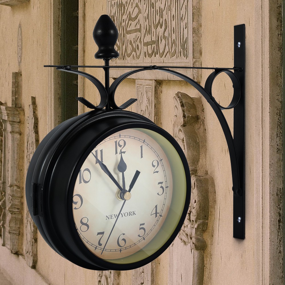 Outdoor Wall Clock Double Side Station Clocks Retro Outside Bracket