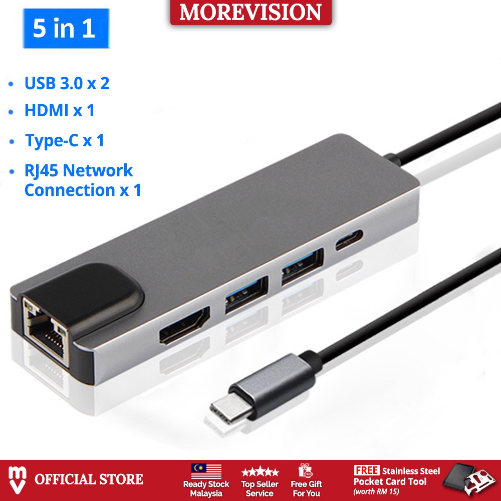 5 In 1 Type C Hub To Hdmi Rj45 With 2 Usb 3.0 And Pd Charging Port Lan 