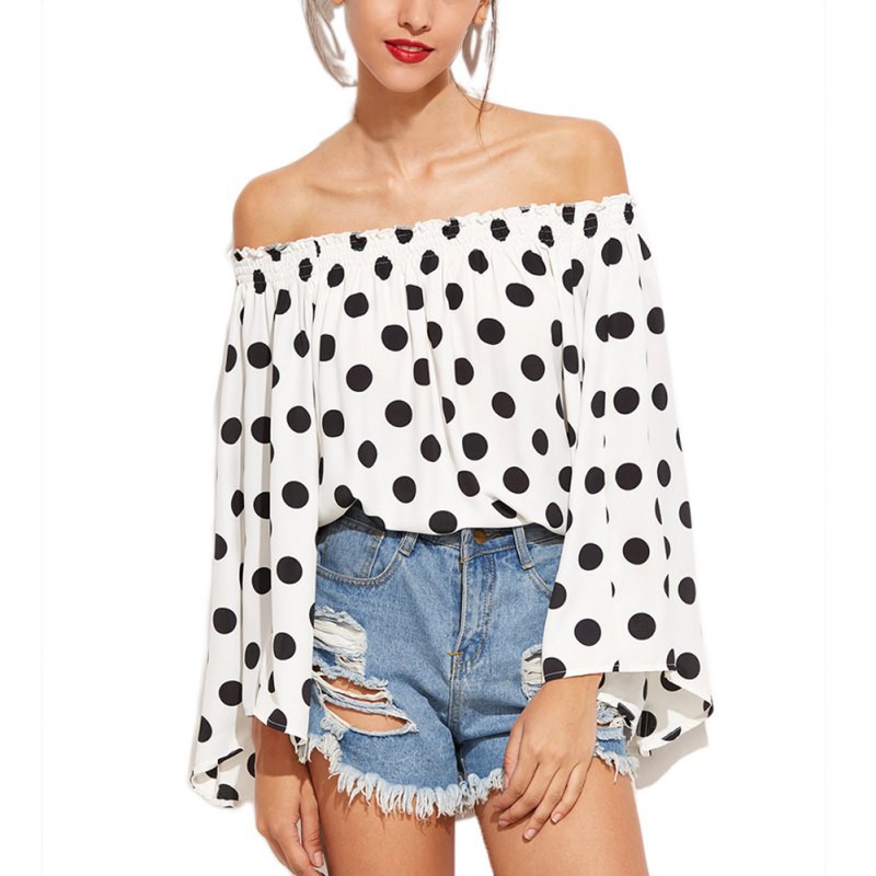 black polka dot off the shoulder top