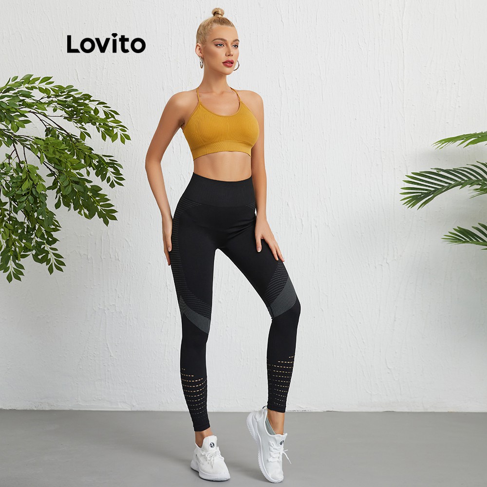 Essential Reliable Lovito Plain Quick Drying Cut Out High Waist Seamless Slimming Sports Leggings Woman L09021 (Black... - Image 3