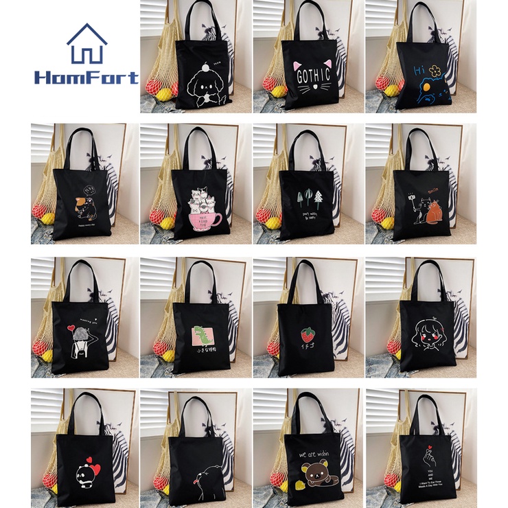 Women Black Shopping Bag Cartoon Print Girl Cat Heart Gothic Ladies Shoulder Handbags Reusable Grocery Shopper Tote Bags