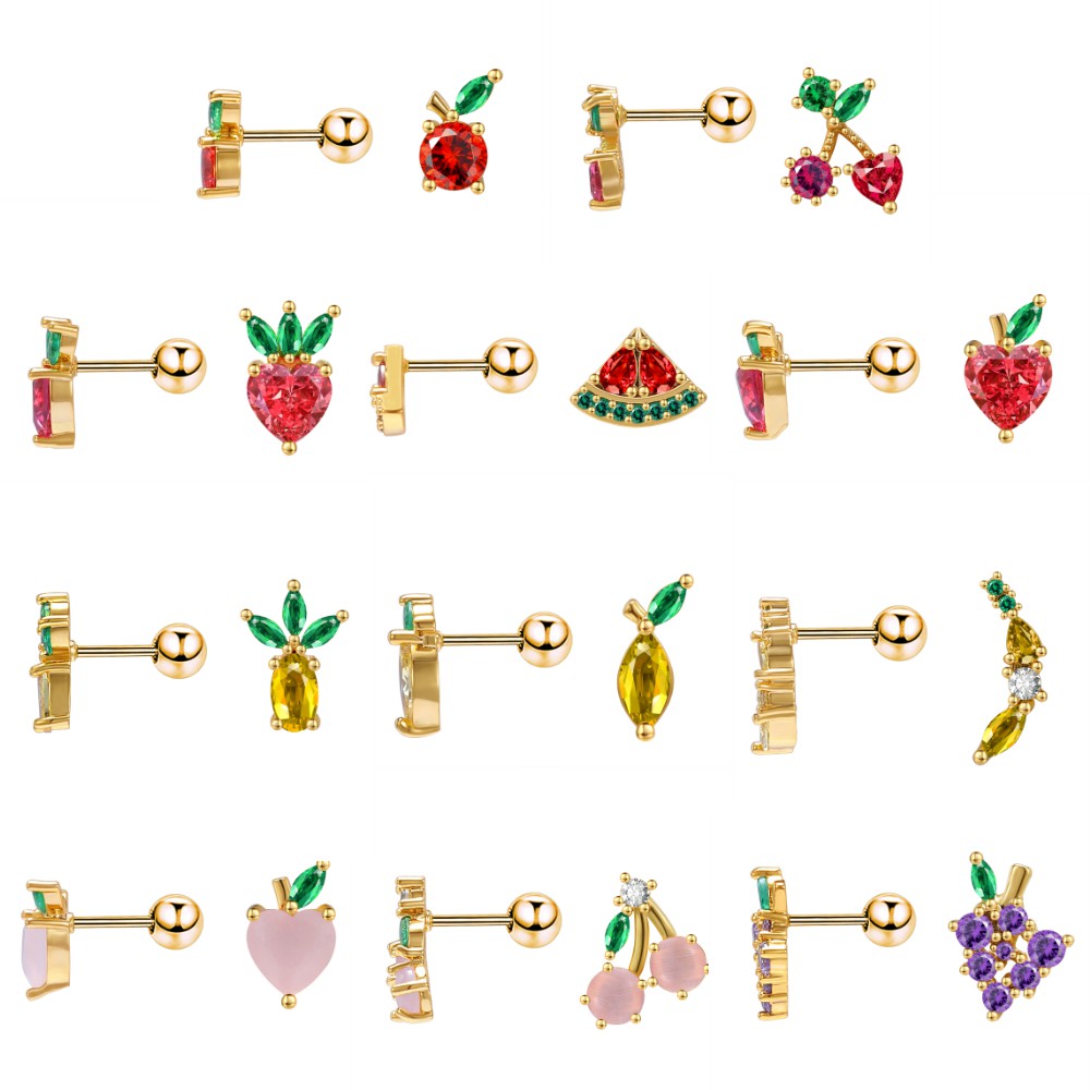 1 Pair Fruit Stud Earrings Crystal Cherry Grape Pineapple Ear Stud Helix Cartilage Piercing 925 Sterling Silver Earrings