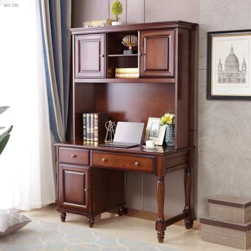 ✁American solid wood computer desk 1 m 2 Roman column antique old with drawer bookshelf desk student writing desk