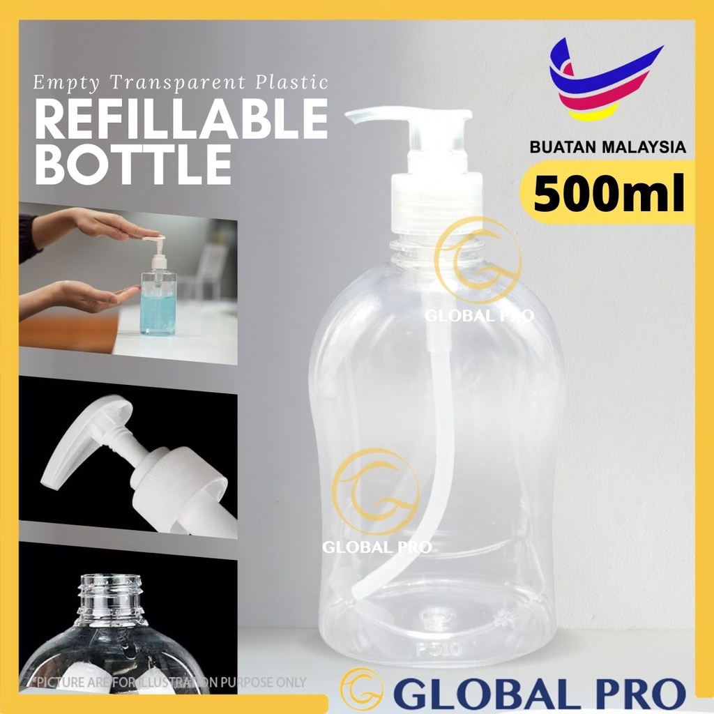 (Buatan Malaysia) 500ML Dispenser Pump Storage Bottle Empty Refillable Bottle PET Pressure Pump Head Sanitizer Soap