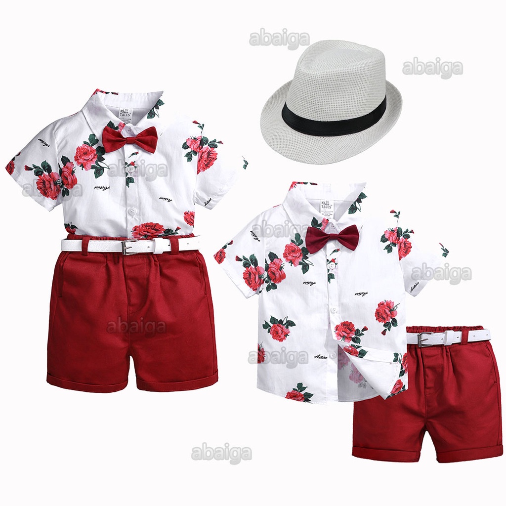 1-8years Old Hawaiian Polo Rose Print Shirt Shorts Belt Set Kids Ootd Jungle Costume Baby Boy Birthday Outfit Casual Wear Fashion Children Clothes