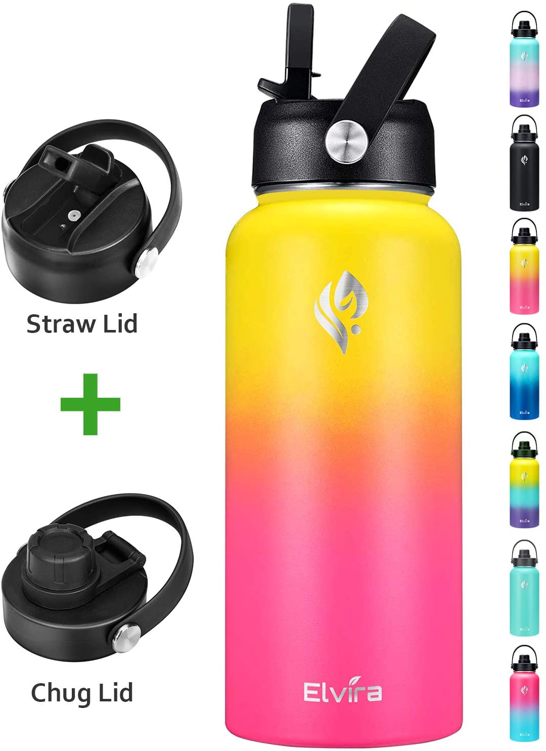 Elvira 32oz Vacuum Insulated Stainless Steel Water Bottle with Straw /& Spout Lids Double Wall Sweat-proof BPA Free Wide Mouth to Keep Beverages Cold For 24 Hrs or Hot For 12 Hrs