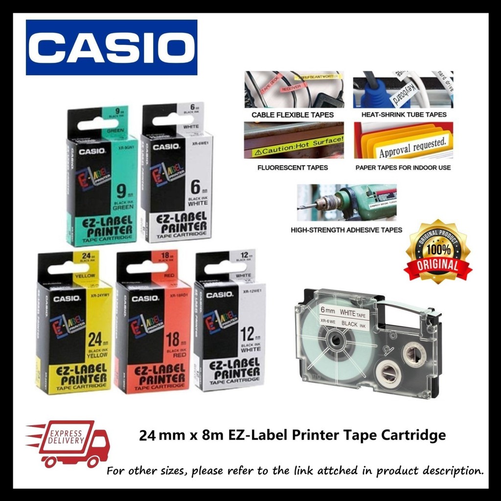 Casio EZLabel Printer Tape Cartridges 6 / 9 / 12 / 18 / 24mm x 8m