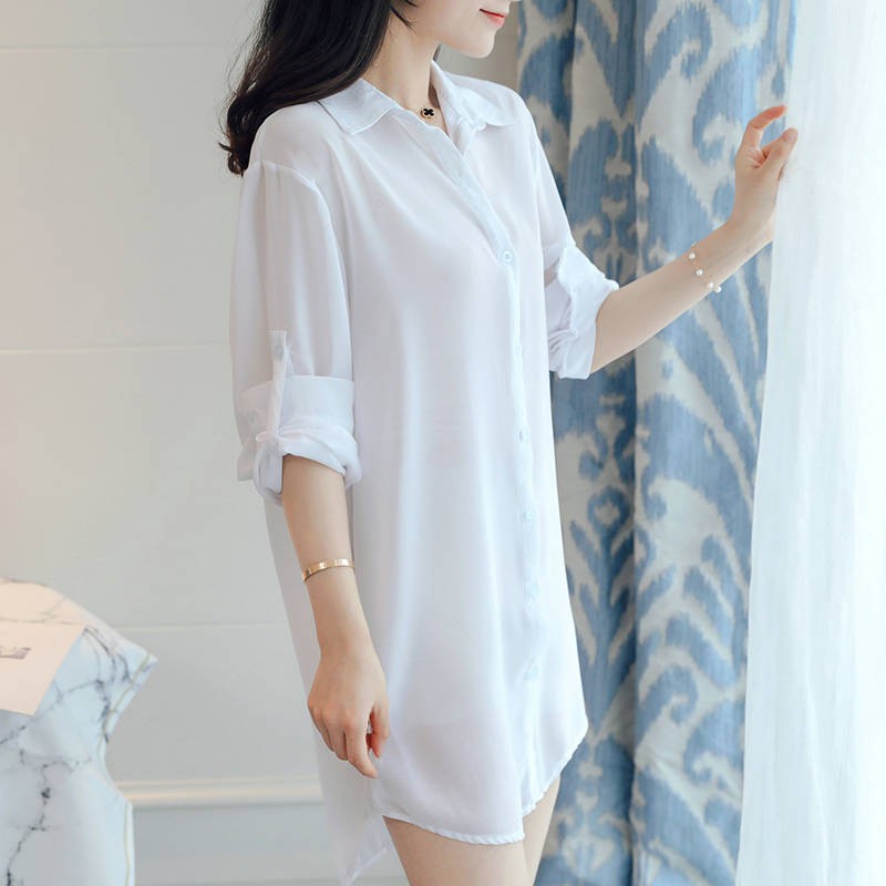 Lowest Price Women Blouse New Arrival Baju Perempuan Kemeja Kecantikan Eropah Musim Bunga Dan Musim Gugur Bf Angin Seksi Korea Versi Baju Tidur Liar Yang Besar Baju Tidur Putih Pakaian Pelindung Matahari