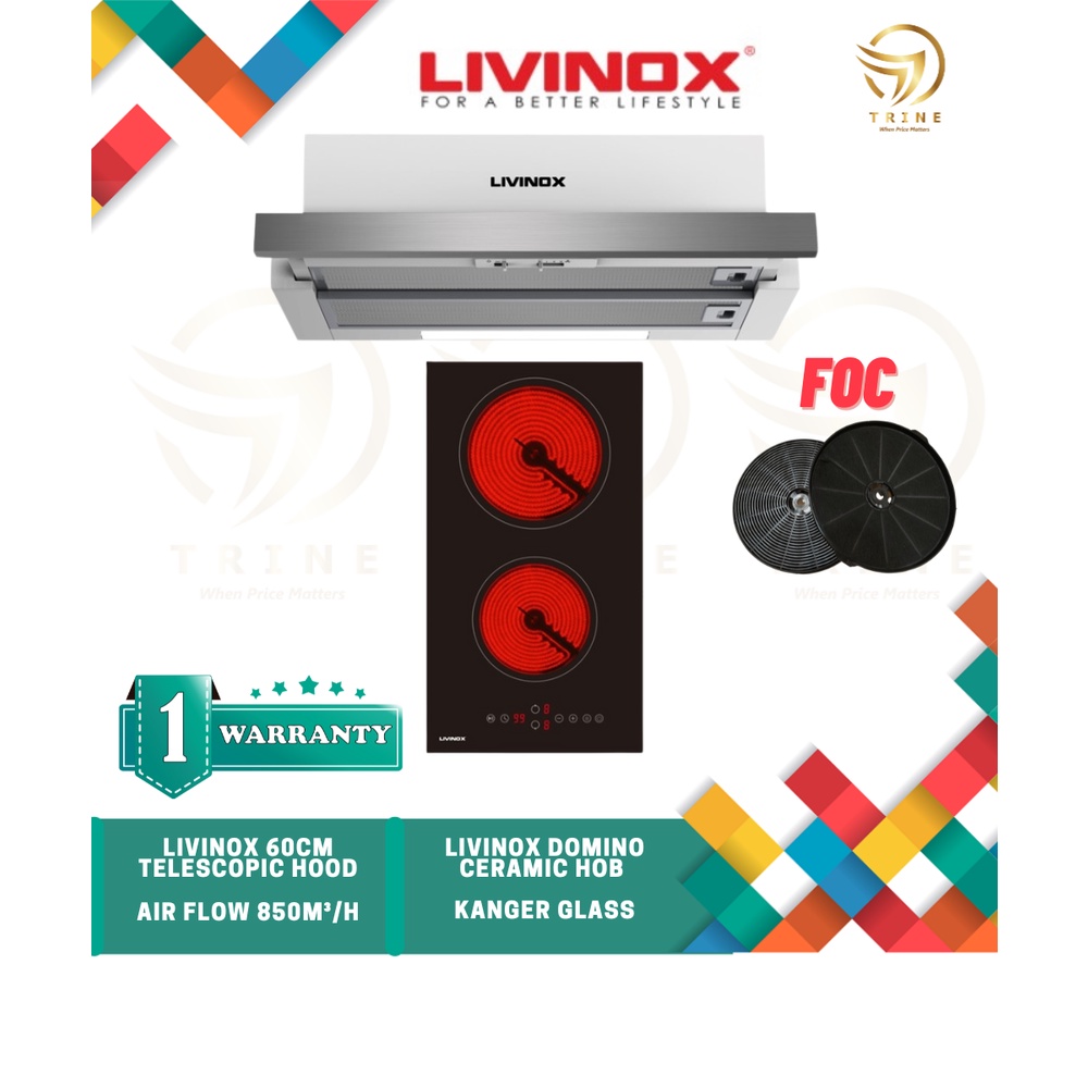 *FREE CHARCOAL FILTER* Livinox LCH-60L03 Telescopic Hood and Electric Ceramic Hob LEH-3000C / Induction Hob LEH-2000I