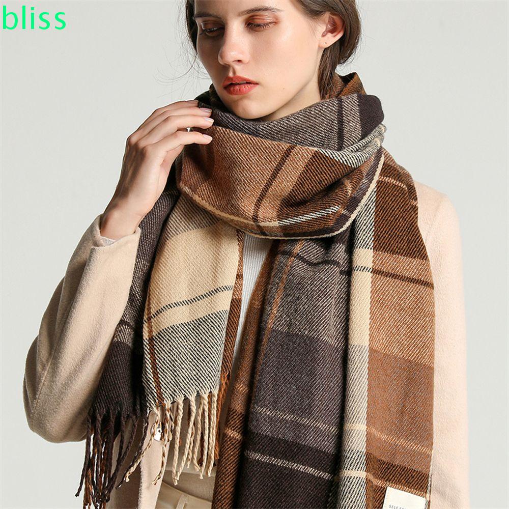 BLISS Thickened Women Cashmere Shawl Winter Men Scarf Blanket Warm Scarf Fashion Tassel Plaid Student Unisex Korean Style Scarves