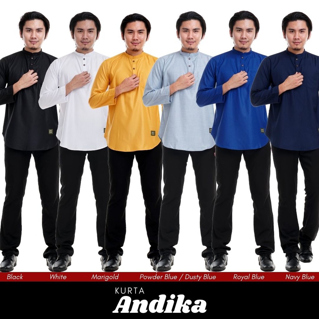 Baju Kurta Lelaki Dewasa Cotton Lean Panjang Long Sleeve Cekak Musang Hitam Putih Marigold Biru Andika