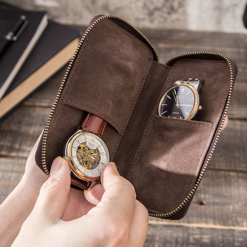 Ezego Men's Genuine Leather Watch Bag Case Zip Coin Purse Watch Storage Bag Organizer Wallet Watch Box Watch Pouch