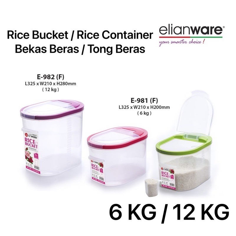 ELIANWARE 6KG/12KG Plastic Rice Bucket / Bekas Beras / Tong Beras / Rice Container / Rice Storage Box / Rice Dispenser