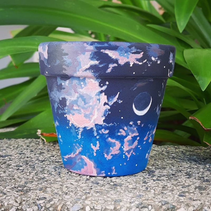 Moon and clouds handmade handpainted terracotta clay flower pot planter